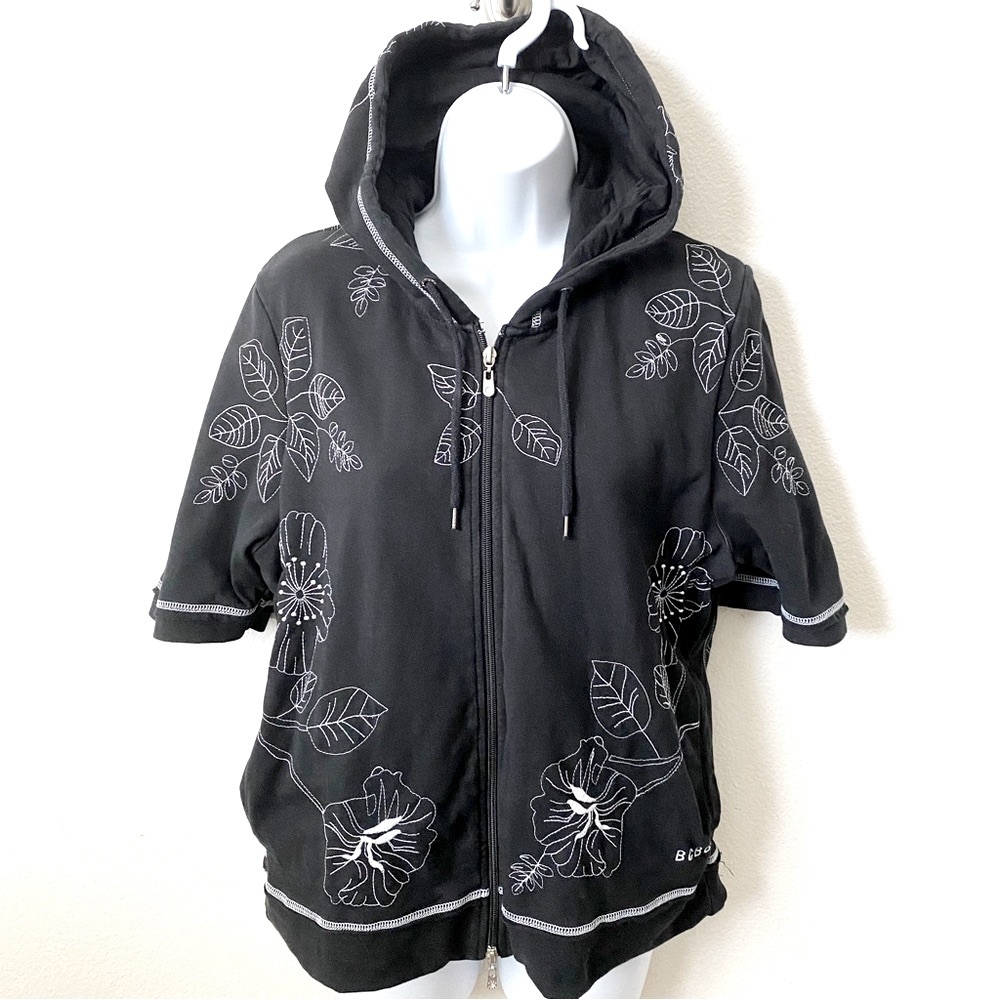 BCBG Hoodie, Black and White, Floral Stitching, Short Sleeve